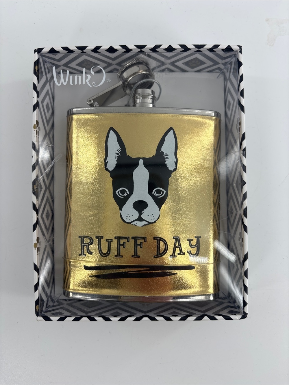 Wink Gold Pet Hip Flask with Black & White Dog Graphic